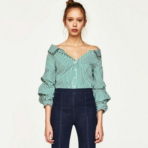 NWT Zara Green Striped Wide Open Neck Over the Shoulder Blouse Shirt puff Sleeve - Picture 8 of 16